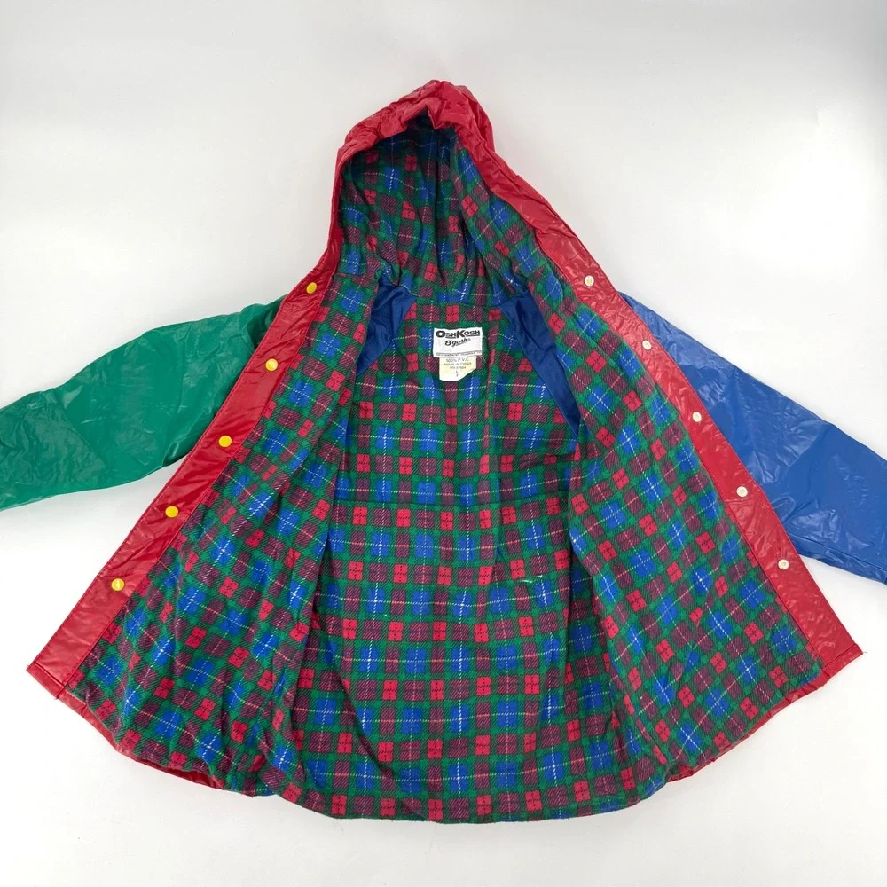 OshKosh Bgosh Raincoat Kids 7 Multi Color Good Vintage Colorblock Plaid 90s PVC